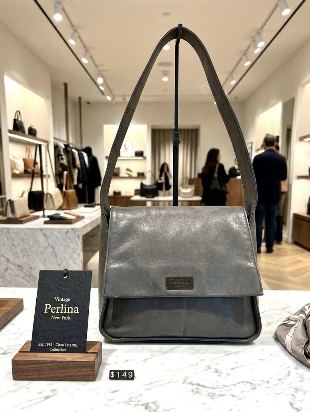 Lare 90s Vintage Perlina New York Gray Supple Leather Flap Bag Logo Plate